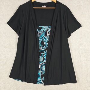 Perception Women 2X Black Teal Paisley Layered Look Short‎ Sleeve Top TJ962X